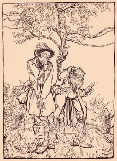 „Když bylo dost ostré, rozhlédl se po cizincích“, ilustrace z „Grimmova pohádka, dárky malého lidu“ od Arthur Rackham